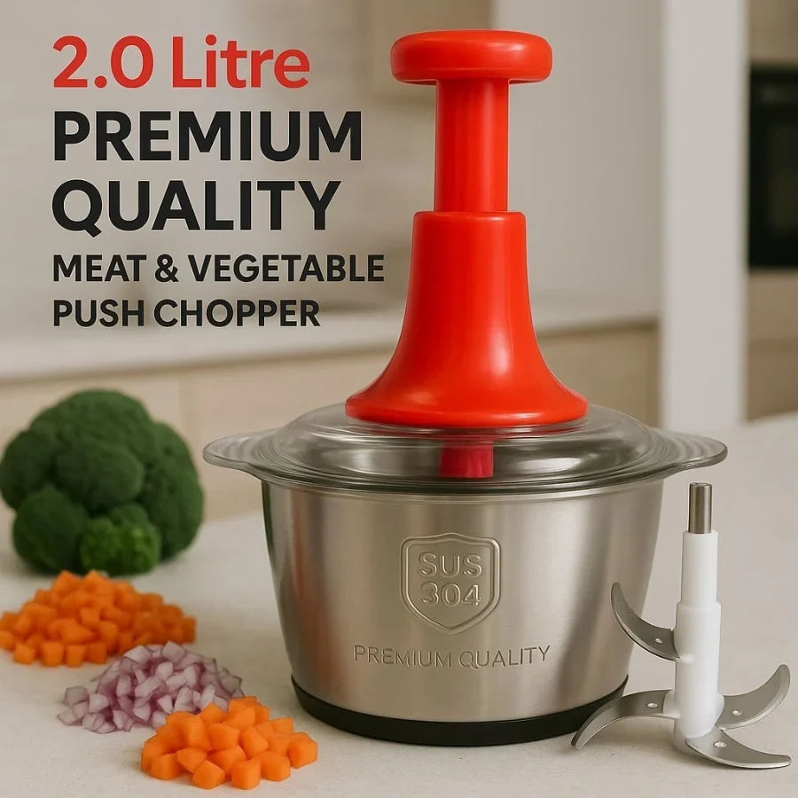 2L Manual Food Chopper | Stainless Steel 4-Blade Chopper
