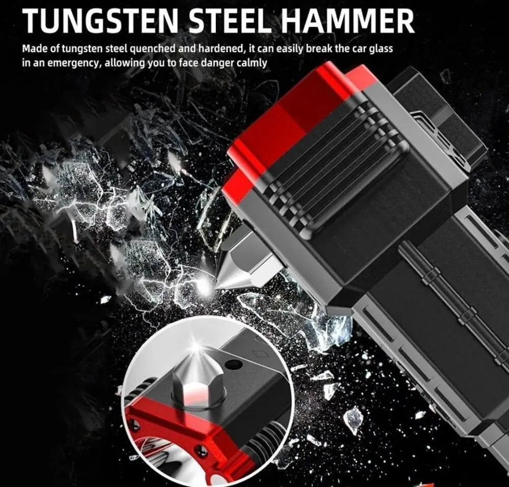 USB Rechargeable LED Flashlight with Safety Hammer Black