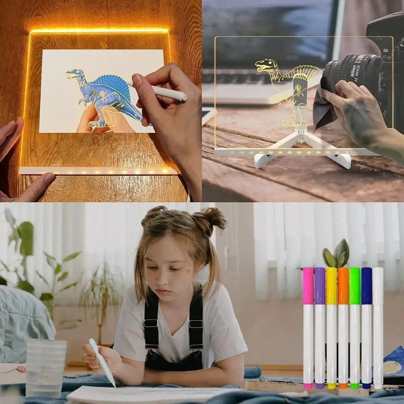 6x6 Inches LED Acrylic Writing Board with USB Light | 7 Colorful Erasable Pens | Message Board with Markers & Stand
