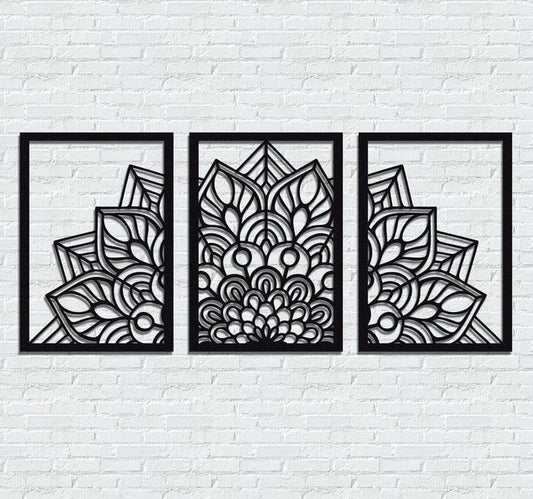 3D Laser Cut Mandala Wall Art Set Modern Black Wood 24"