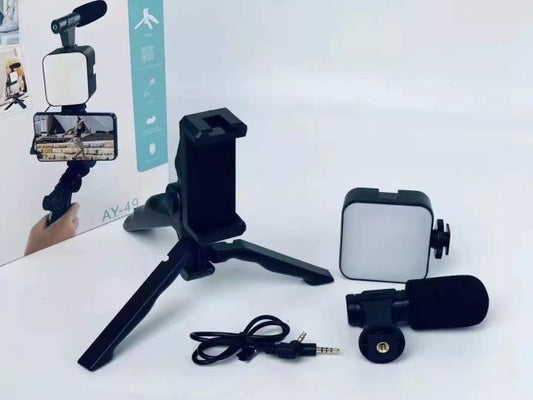 AY-49 Vlogging Kit | Tripod Mic LED Light & Remote