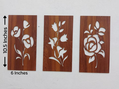 3D Floral Wall Art Set 3 Pcs MDF Brown
