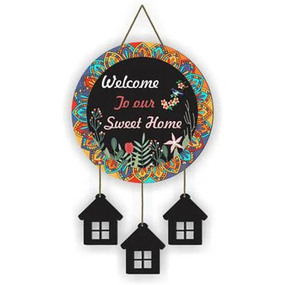 Welcome Home Wall Hanging with 3D House Charms, Black Mandala Floral Art, 28" Height