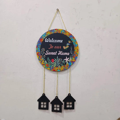 Welcome Home Wall Hanging with 3D House Charms, Black Mandala Floral Art, 28" Height