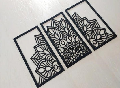 3D Laser Cut Mandala Wall Art Set Modern Black Wood 24"