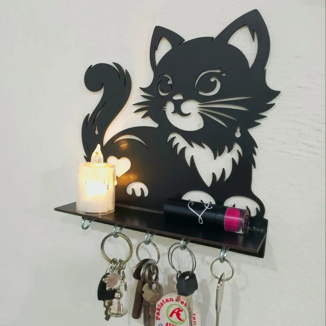 Black Cat Key Holder with Heart Design, 8x8" MDF Decorative Home