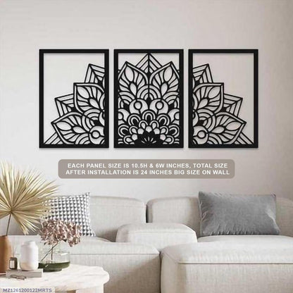3D Laser Cut Mandala Wall Art Set Modern Black Wood 24"