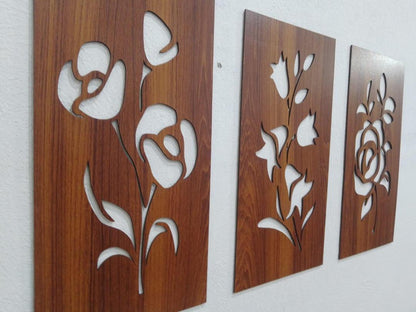 3D Floral Wall Art Set 3 Pcs MDF Brown