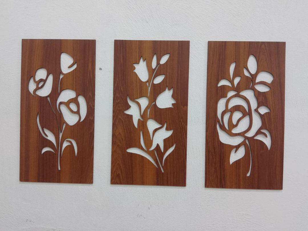 3D Floral Wall Art Set 3 Pcs MDF Brown