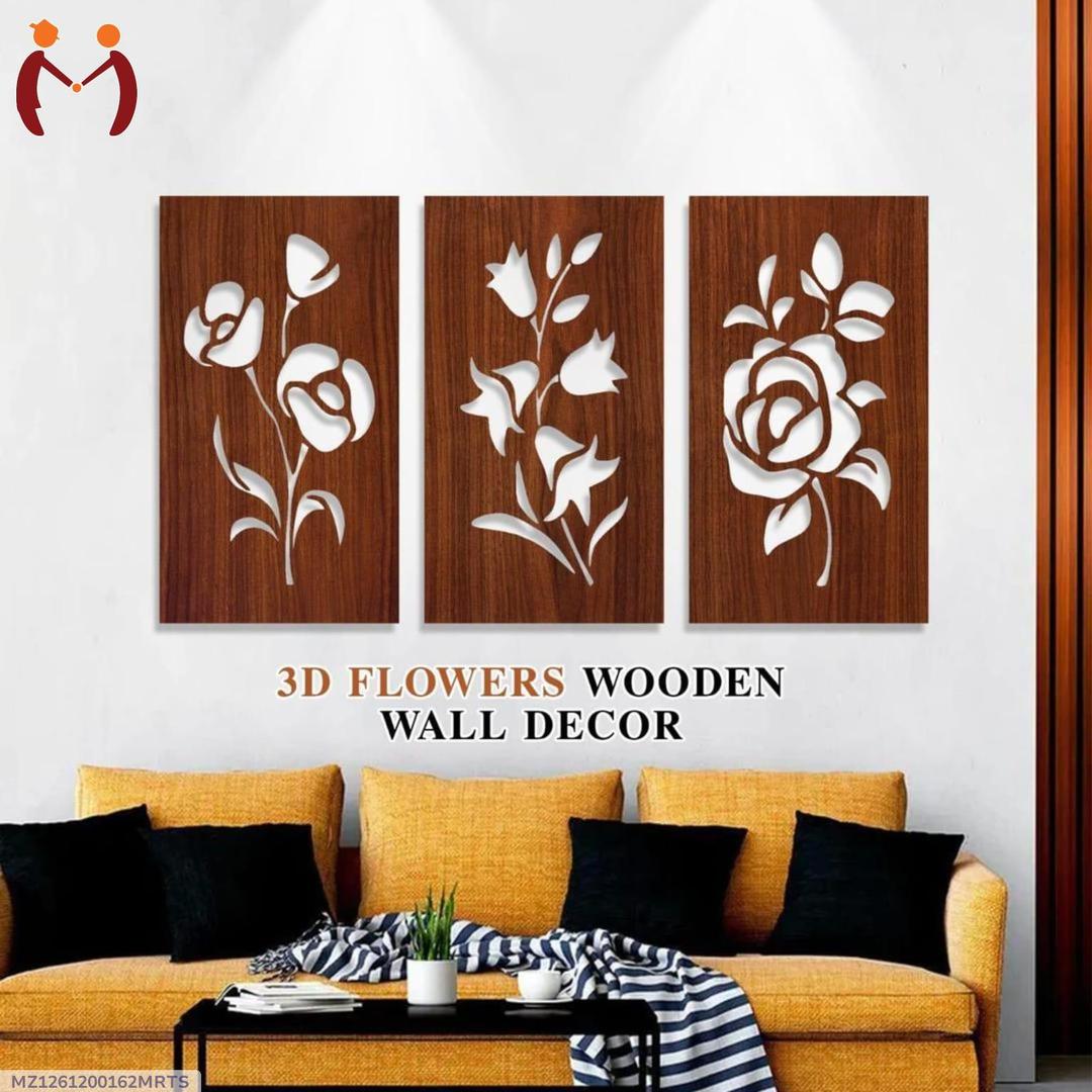 3D Floral Wall Art Set 3 Pcs MDF Brown