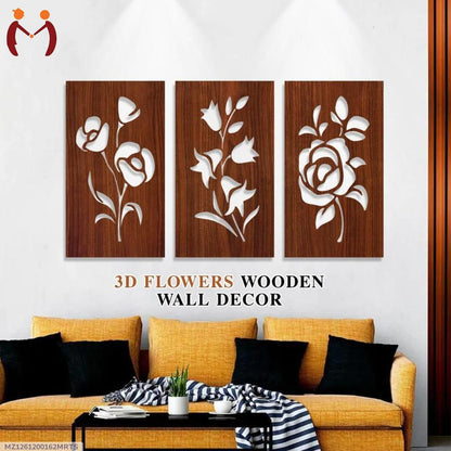 3D Floral Wall Art Set 3 Pcs MDF Brown