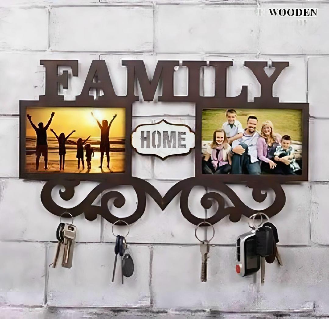 Family Wall Art Key Holder Brown MDF 5-Piece Set