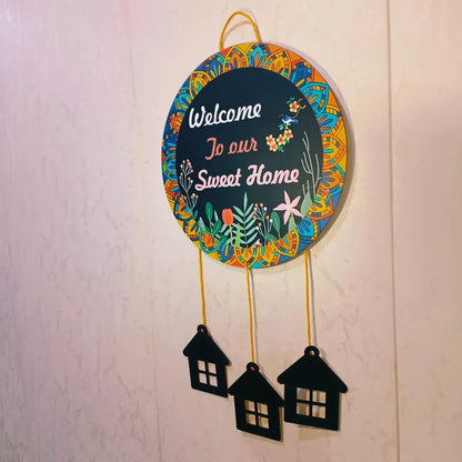 Welcome Home Wall Hanging with 3D House Charms, Black Mandala Floral Art, 28" Height
