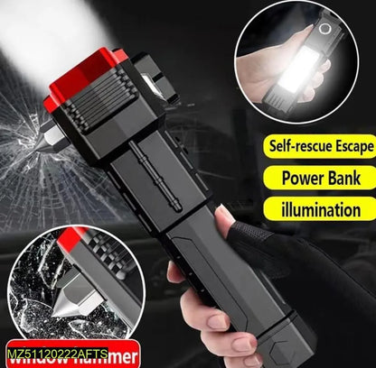 USB Rechargeable LED Flashlight with Safety Hammer Black