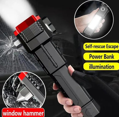 USB Rechargeable LED Flashlight with Safety Hammer Black