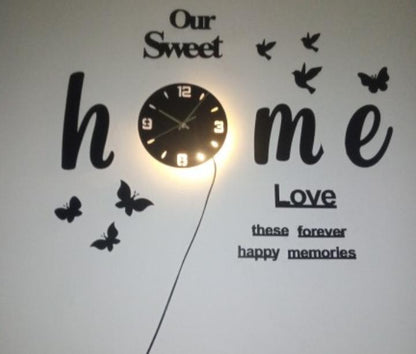 3D Wall Clock Black Glowing Birds Butterflies Modern Home Decor