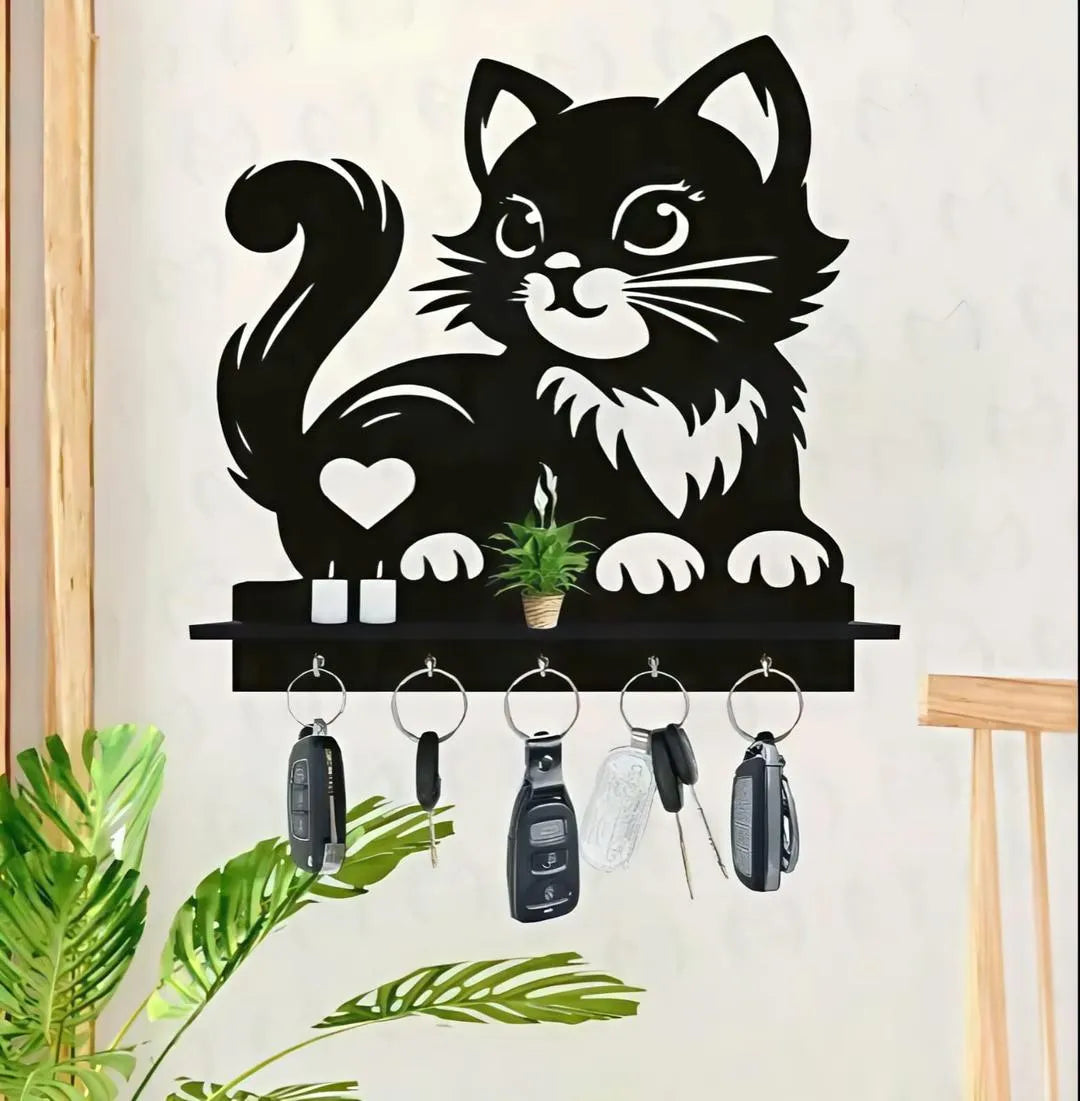 Black Cat Key Holder with Heart Design, 8x8" MDF Decorative Home