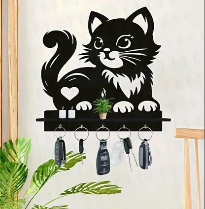 Black Cat Key Holder with Heart Design, 8x8" MDF Decorative Home