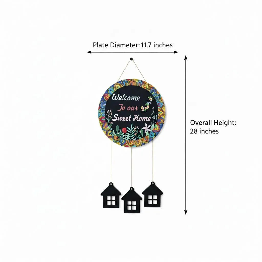 Welcome Home Wall Hanging with 3D House Charms, Black Mandala Floral Art, 28" Height