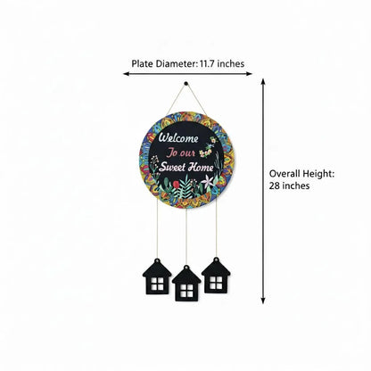 Welcome Home Wall Hanging with 3D House Charms, Black Mandala Floral Art, 28" Height