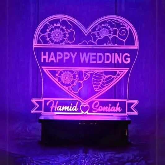 Happy Wedding Heart With Name 3D Lamp Customizable