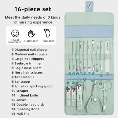 16 Pcs Stainless Steel Manicure & Pedicure Set | Travel Grooming Kit with Leather Case