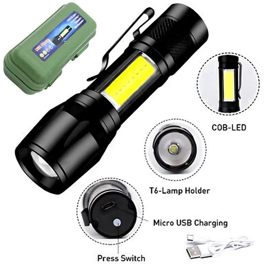 Metal COB Flashlight Torch | Rechargeable LED Pocket Light
