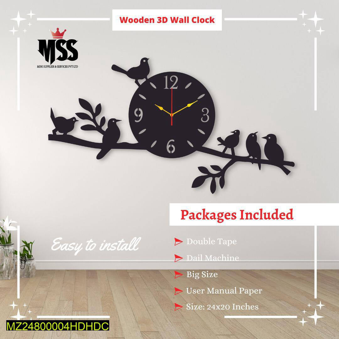 3D Bird Wall Clock 24x20 MDF Modern Home Decor