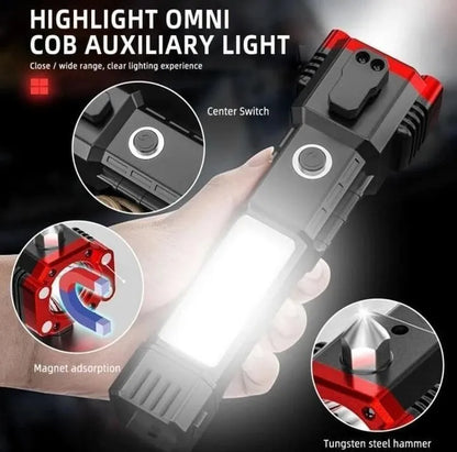 USB Rechargeable LED Flashlight with Safety Hammer Black