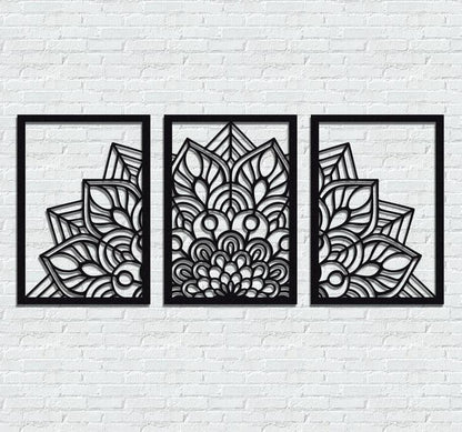 3D Laser Cut Mandala Wall Art Set Modern Black Wood 24"