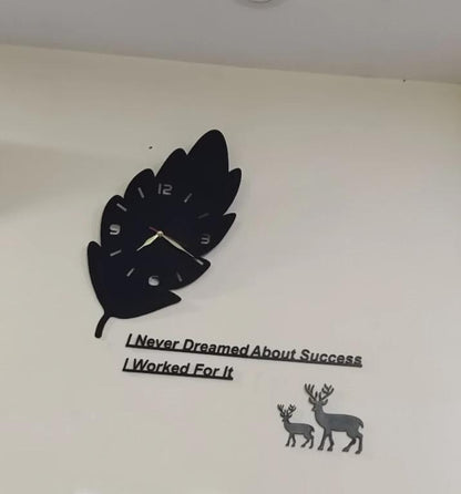3D Leaf Wooden Wall Clock Black Golden Hands