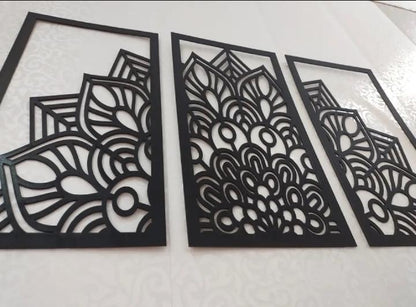 3D Laser Cut Mandala Wall Art Set Modern Black Wood 24"