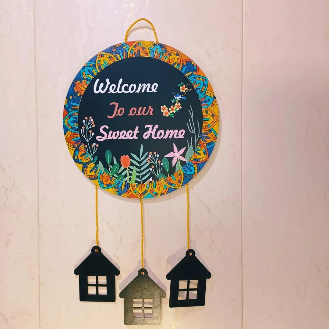 Welcome Home Wall Hanging with 3D House Charms, Black Mandala Floral Art, 28" Height