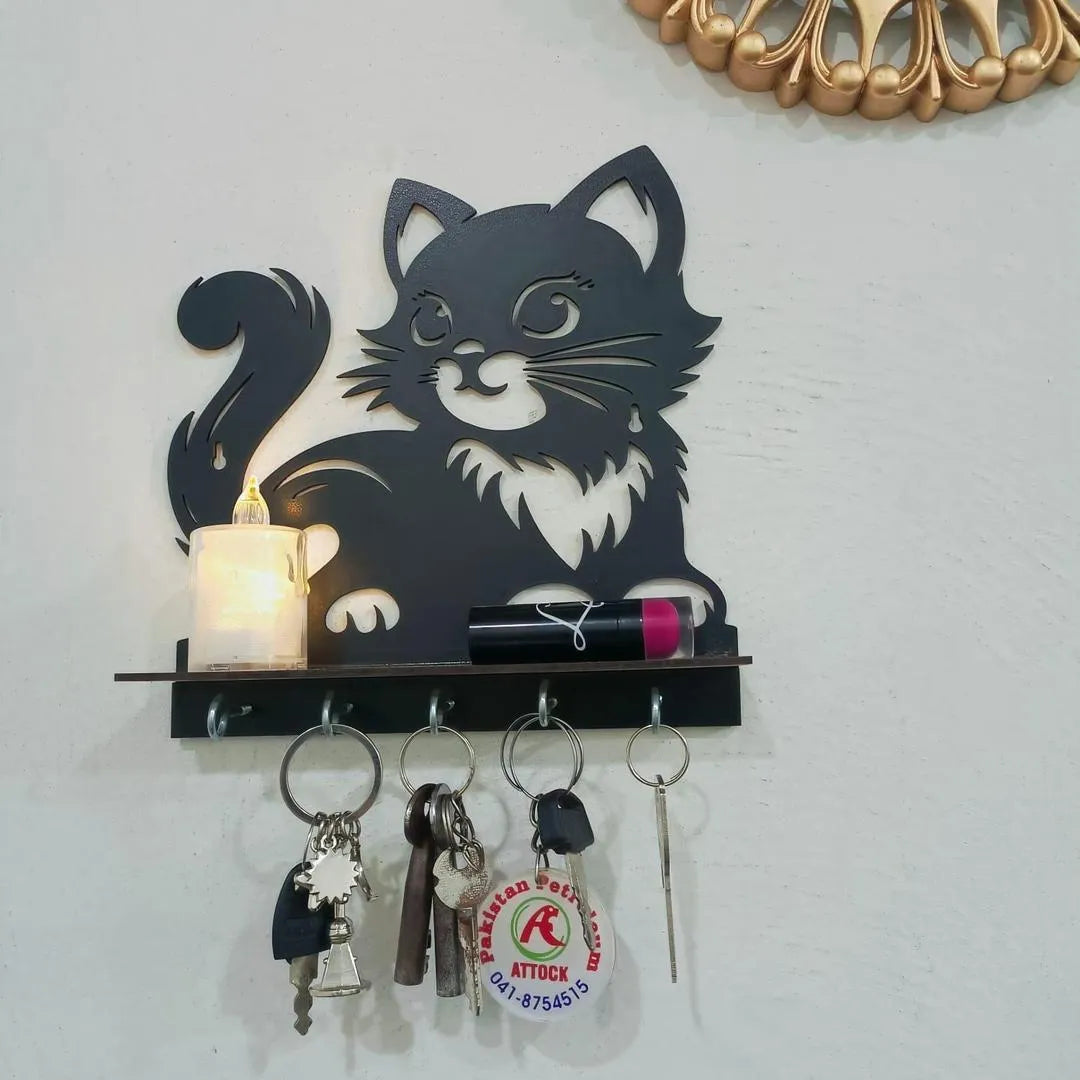 Black Cat Key Holder with Heart Design, 8x8" MDF Decorative Home