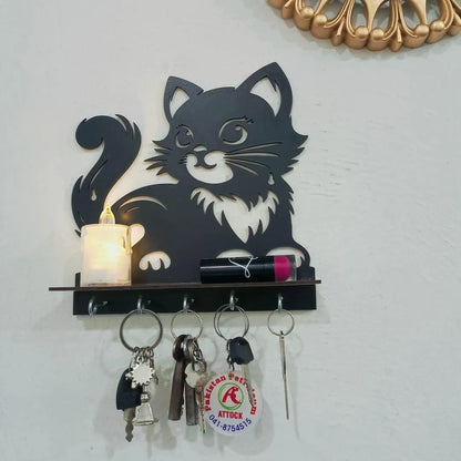 Black Cat Key Holder with Heart Design, 8x8" MDF Decorative Home