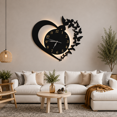 Heart & Butterfly Wooden Wall Clock