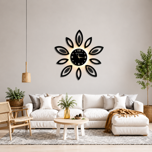 3D Leaf Wall Clock Black Modern Decor