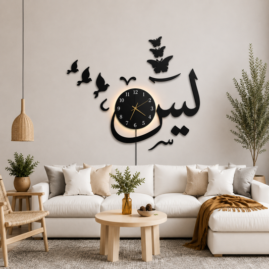 3D Laser Cut Wooden Wall Clock Black Backlight